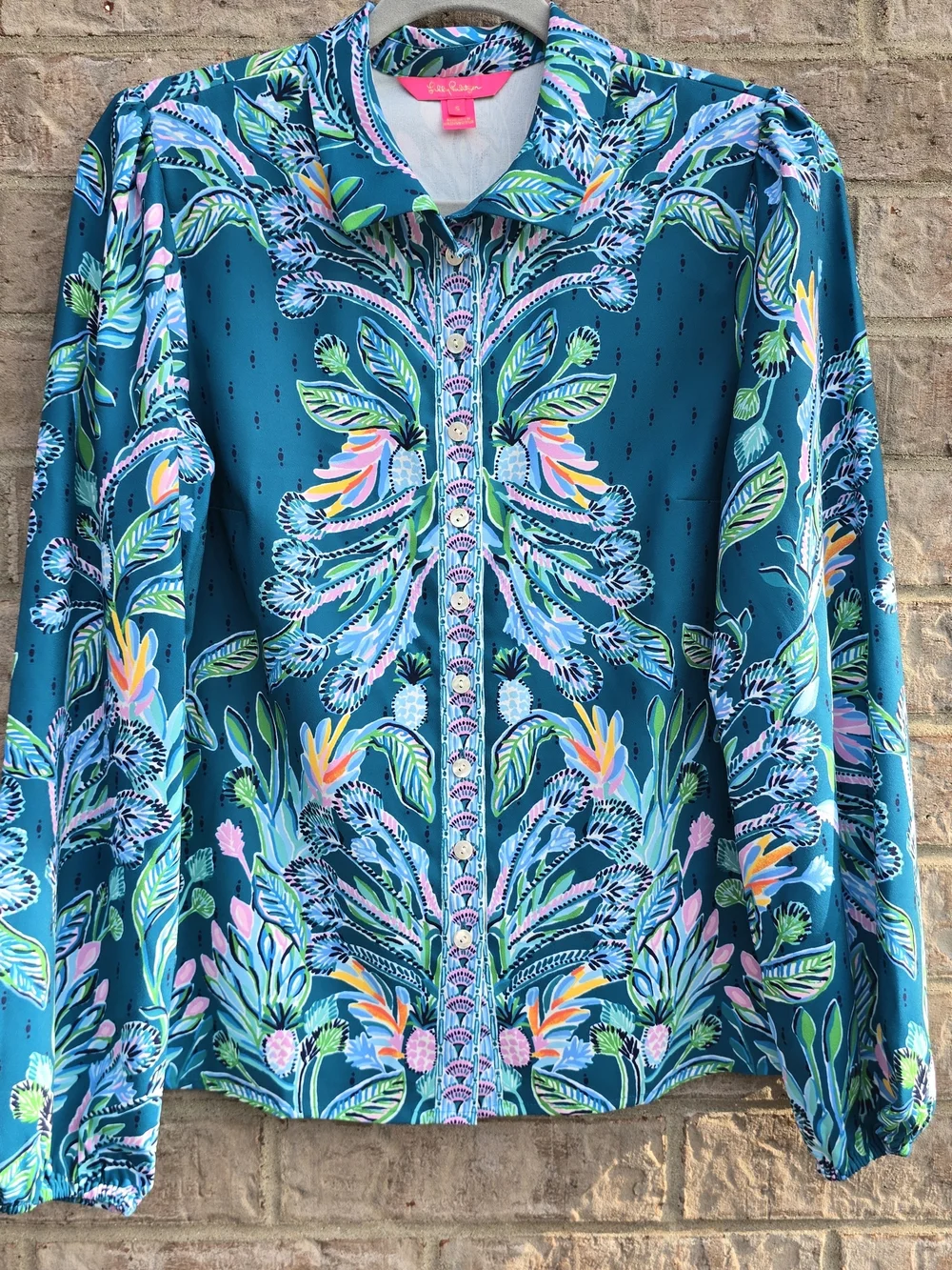 Lilly Pulitzer Womens Long Sleeve Colorful Pearl Buttons Blouse Top Size Small
